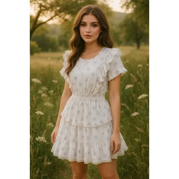 Shabby Chic White Blue Floral Ruffle Mini Dress Cottagecore - Size XS - Picture 1 of 9